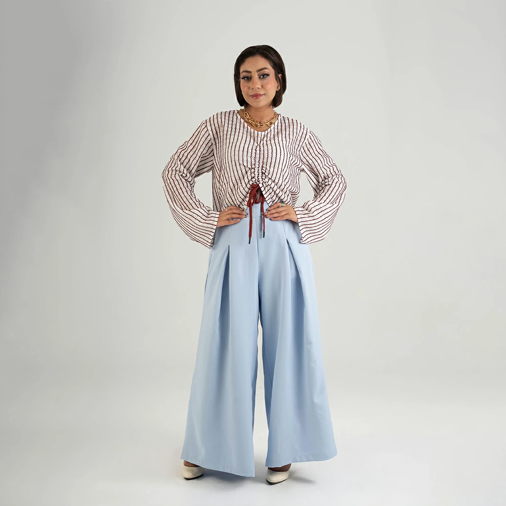 Striped Ruched Front Drawstring Blouse